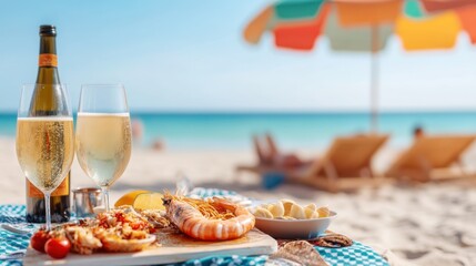 A breezy beachside picnic featuring fresh seafood a relaxing atmosphere delicious food wine sunset ocean waves and happy moments by the shore