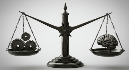 Mind versus Machine: A Balance of Intellect and Technology - A conceptual depicting a scale balancing a human brain against interlocking gears, symbolizing the interplay of intellect and technology