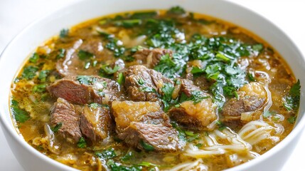 Steaming bowl of Vietnamese pho fresh herbs sliced beef and rice noodles in a rich broth