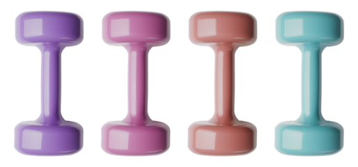 Set of pastel colored vinyl dumbbells, flat lay top down view, isolated against a transparent background