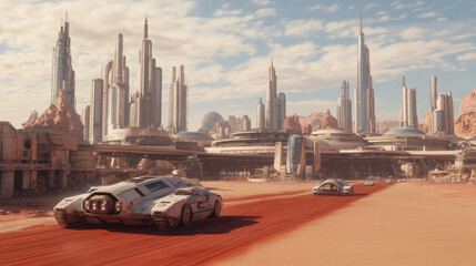 Fototapeta premium A futuristic landscape features sleek vehicles racing through a dusty terrain, with towering, modern skyscrapers in the background.