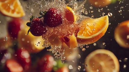 Vibrant Red Strawberries and Orange Slices Splashing in Water