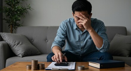 Obraz premium Man Calculating Finances: Stress and Budgeting
