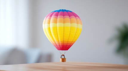 Fototapeta premium Colorful hot air balloon hovering over a wooden surface in a bright room