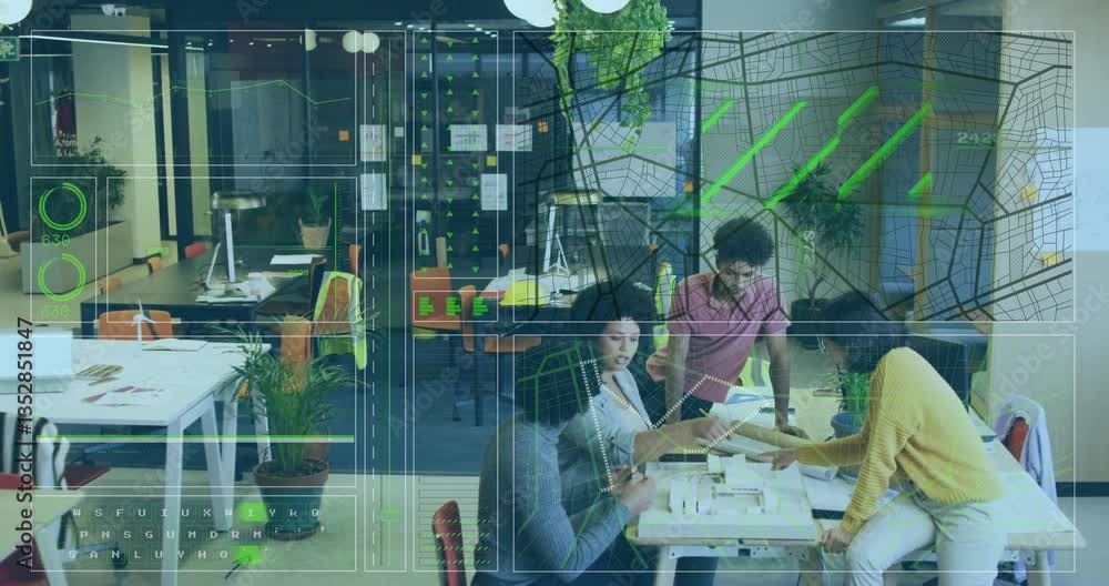 Poster people collaborating at office with digital data processing animation overlay