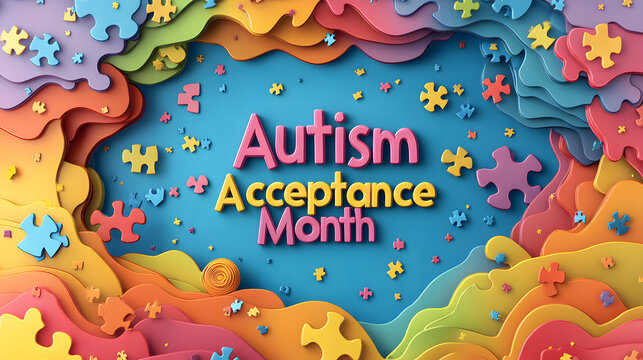 Celebratory Greeting Banner Design for Autism Acceptance Month Featuring a Colorful Rainbow and Puzzle Piece Elements