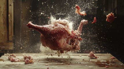 Obraz premium Raw Chicken Explosion on Wooden Table