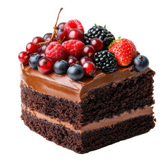 Delicious chocolate cake topped with fresh berries on a white background for dessert lovers, Chocolate cake with berries isolated