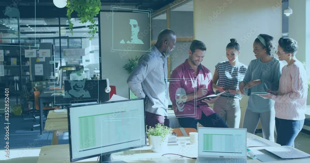 Poster diverse team collaborating in modern office with digital data overlay animation