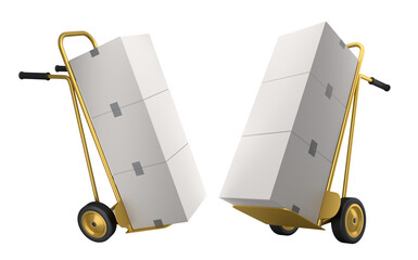 Set of Airport luggage cart or baggage trolley side with stack of cardboard boxes or cartons on white background. 3d render element of airport or warehouse service