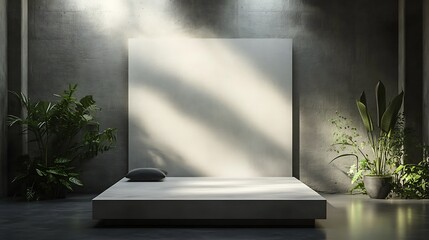 Minimalist display platform, plants, sunlight, concrete room, mock-up