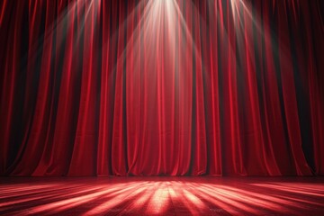 A dramatic red velvet curtain illuminated by spotlights, setting an evocative stage for a performance.