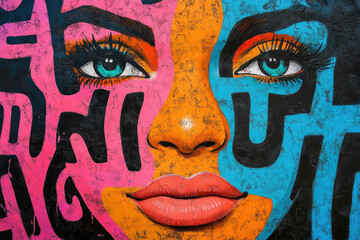 Fototapeta premium Vibrant graffiti art depicting a woman's face, split into bold pink, orange, and blue sections with black lettering.