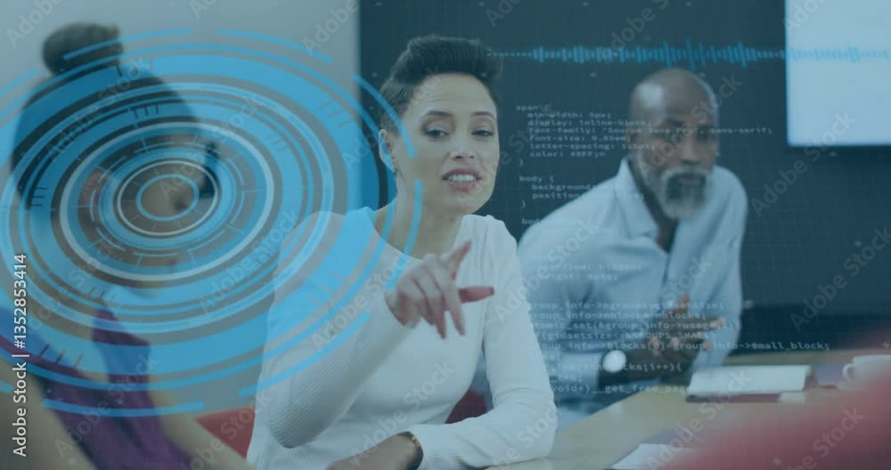Poster Using animation, business team analyzing data with digital interface in meeting room