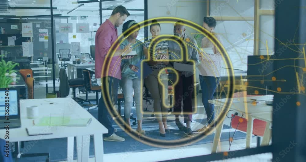 Poster diverse team collaborating in office with digital security lock animation overlay