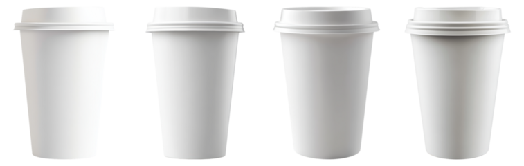 Four Blank White Coffee Cups for Custom Design and Branding Use, Isolated on Transparent Background