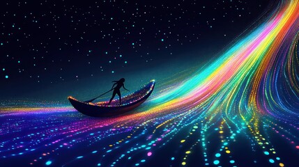 Night Sky, Colorful Light Boat, Woman Sailing