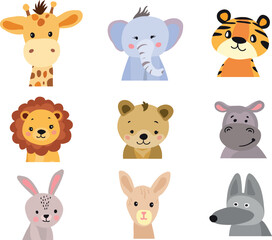 A vector set of cute cartoon-style wild animals character portraits, including lions, elephants, giraffes, and tigers, along with birds and butterflies on a white background