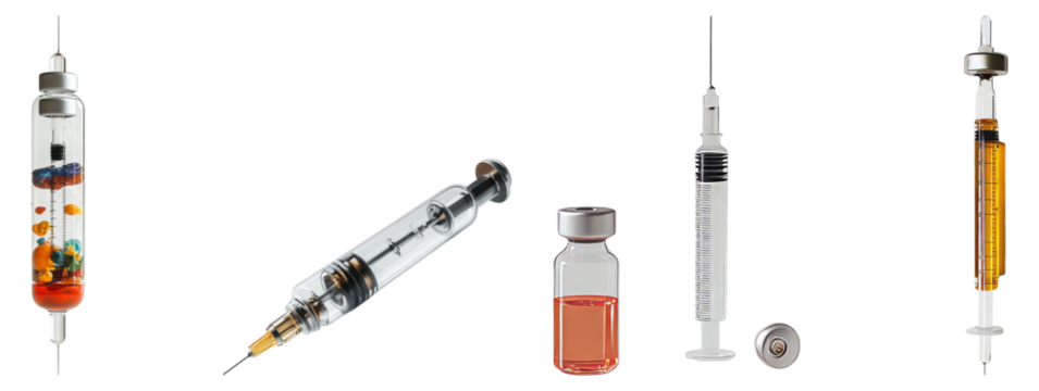 Syringes and Vials with Liquid for Medical and Scientific Use, Isolated on Transparent Background