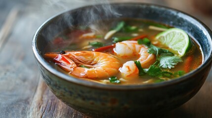 Close-up of a steaming bowl of Thai tom yum soup with shrimp, lemongrass, and lime, served in a ceramic bowl.
