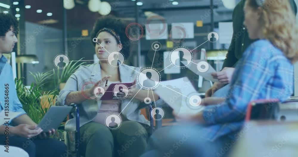 Poster discussing project, diverse team with animation of digital network connections