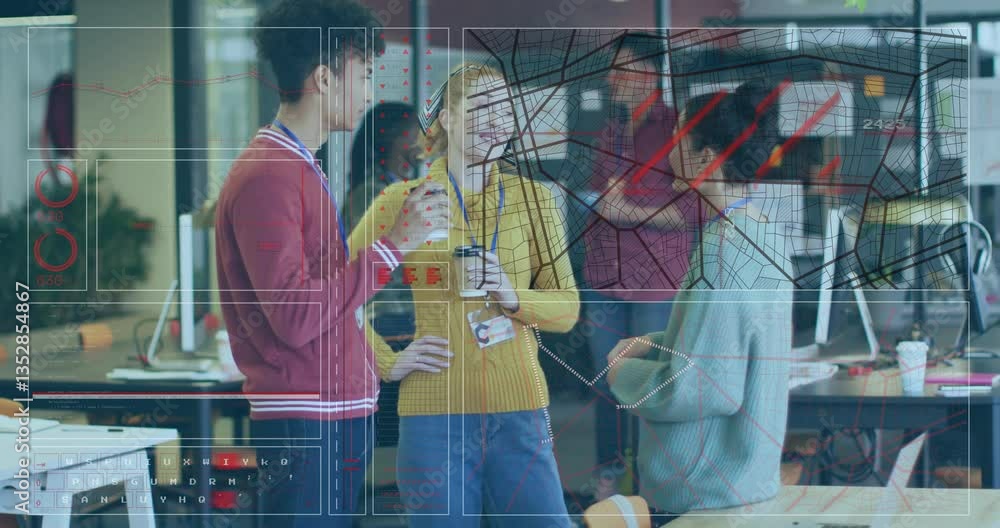 Poster diverse colleagues discussing in office with digital network data overlay animation