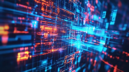 Fototapeta premium Abstract Digital Data Stream Futuristic Neon Blue and Orange Lines Background