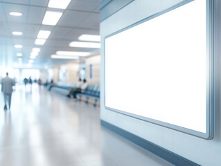 Empty white billboard in a hospital waiting area ready for information display and announcements