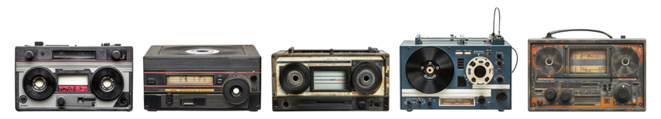 Vintage Audio Equipment Collection Retro Cassette Players and Radios, Isolated on Transparent Background