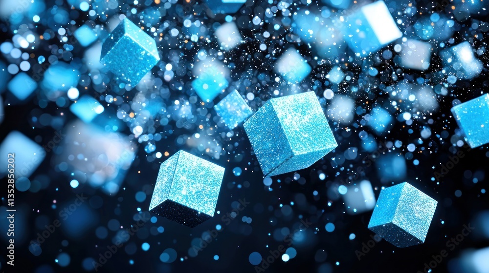Poster floating blue cubes with bokeh. abstract