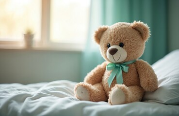 Lonely teddy bear sits bed hospital room. Soft toy with green ribbon. Children healthcare concept, child illness treatment. Disease, medicine, ward, protection, care.