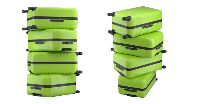 Set of Stack of polycarbonate suitcases isolated on white background. 3d render travel concept of baggage or luggage
