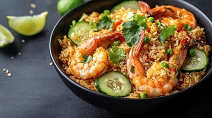 Thai-style fried rice with prawns, fresh lime, and cucumber slices, served in a traditional street food setting.
