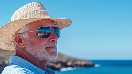 A senior white man retiree wearing sunglasses and a hat relaxing on a scenic beach, representing the freedom and travel associated with retirement