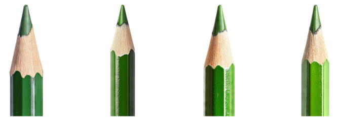 Green Colored Pencils with Sharp Tips on White Background, Isolated on Transparent Background