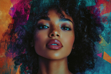 A portrait of a young woman with vibrant makeup and afro hairstyle against an abstract colorful background.