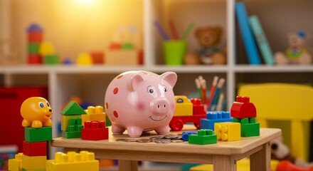 Piggy Bank and Toys - A pink piggy bank sits amongst colorful children's toys on a wooden table. Ideal for financial literacy, saving, or childhood themes