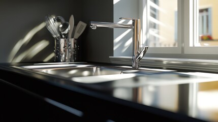 Modern Kitchen Sink with Stainless Steel Faucet and Utensils in Sunlit Room