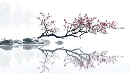 Misty Landscape with Branching Trees Reflecting on Water