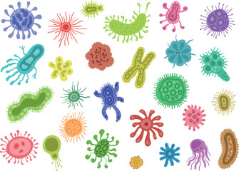 A colorful vector illustration featuring a diverse collection of bacteria in the gut microbiome, showcasing various shapes, sizes, and colors