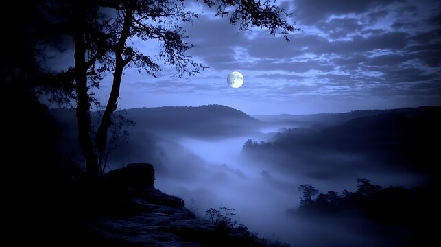 Misty Moonlit Mountain View