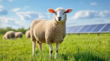 Fototapeta premium Sheep stand on a meadow with solar panels in the background, showing the dual use of land for agriculture and renewable energy. 