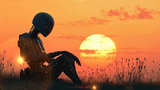 Robotic figure sits in a field at sunset