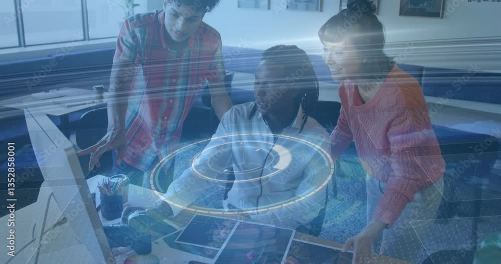 Poster diverse team collaborating at desk with digital interface overlay animation