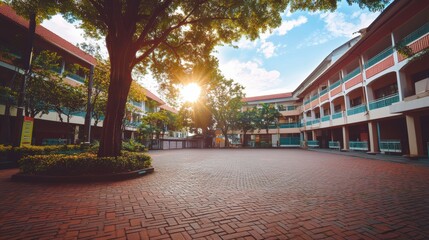 Serene School Courtyard with Sunlight and Greenery at Dusk