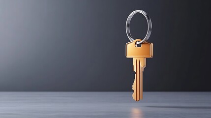 Golden key on a metal ring hovers on grey surface, simple and elegant design