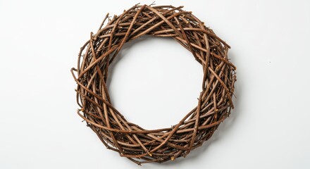 Rustic Twig Wreath on White - Simple, natural, circular, earthy, handcrafted twig wreath. Symbolizes new beginnings, nature's cycle, simplicity, rustic charm, and handcrafted artistry