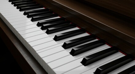 Naklejka premium Elegant Piano Keys Close Up - Musical instrument, black and white keys, simplicity, elegance, musical composition. Symbolizing creativity, artistry, and musical expression