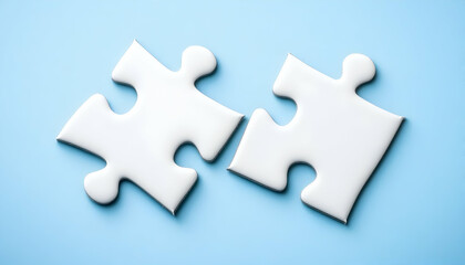 Obraz premium Two white puzzle pieces matching together against a light blue background.