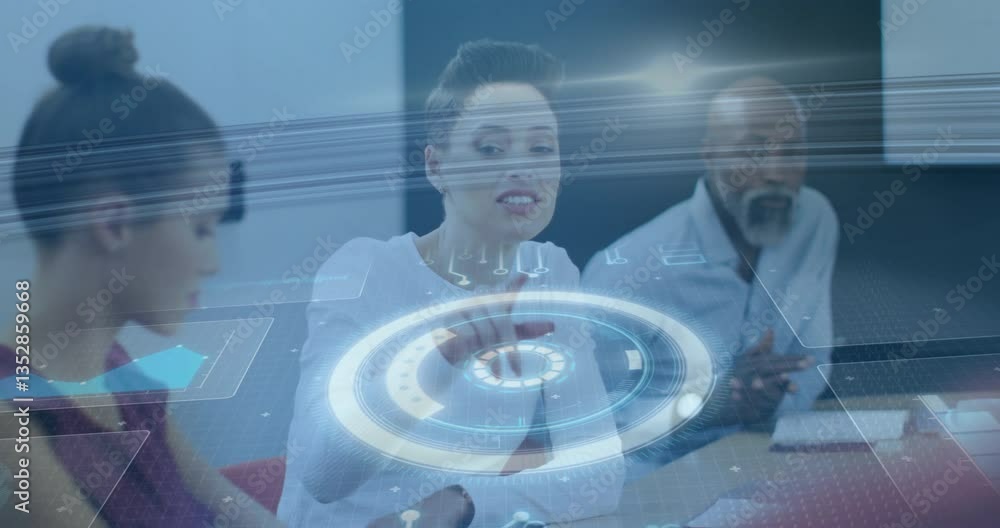 Poster discussing strategy, business team using digital interface with animation in office